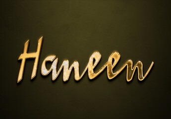 Old gold text effect of Arabic name Haneen with 3D glossy style Mockup.