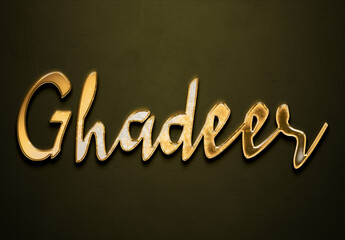 Old gold text effect of Arabic name Ghadeer with 3D glossy style Mockup.