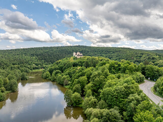 Aerial view of the Burg Lockenhaus Castle in the Burgenland region of Austria. Burg Lockenhaus is 368 metres (1,207 ft) above sea level. The castle was built in Romanesque and Gothic architectural 