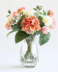 Obraz premium Glass Flower Vase. Isolated Bouquet of Blooming Roses in a Elegant Glass Vase