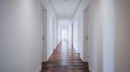 Obraz premium Hallway With Doors. Interior of Long Narrow Hallway with Closed Wooden Doors and White Walls in Minimal Apartment Design