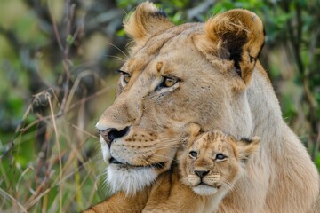 Fototapeta premium Kenya Wildlife: Lion Mother and Cub in Masai Mara, Africa. A Natural Delight of Wild Predators