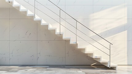 A contemporary staircase with a dynamic, color-blocked design and a minimalist, metal handrail