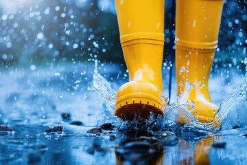 Rubber Boots Splash in Floodwater: Protection and Safety Concept