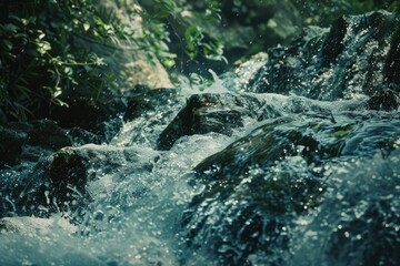 Waterfall Close Up. Serene Jungle River in Lush Green Forest Landscape