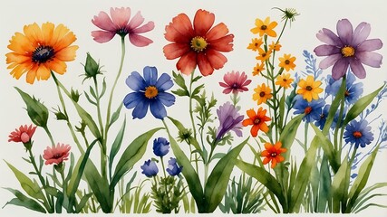 Colorful Watercolor Wildflowers in Bloom