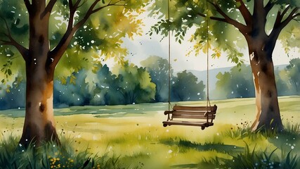 Obraz premium Peaceful Garden Swing Between Trees Watercolor