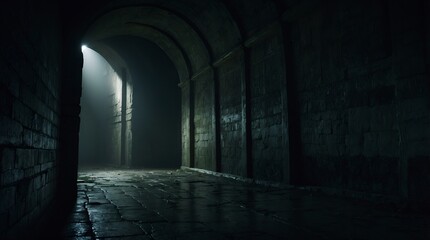 Fototapeta premium A hauntingly ominous corridor, every inch exuding a sense of dread and mystery: shadows dancing in the dim light