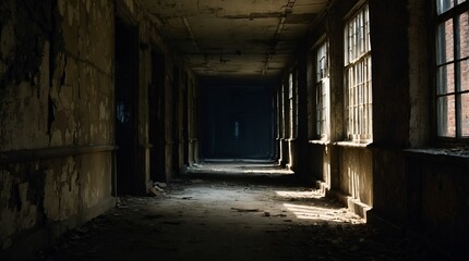 A hauntingly ominous corridor, every inch exuding a sense of dread and mystery: shadows dancing in the dim light