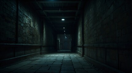 A hauntingly ominous corridor, every inch exuding a sense of dread and mystery: shadows dancing in the dim light