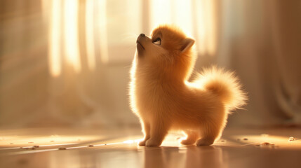 adorable pomeranian puppy looking up in sunlight with fluffy golden fur in warm indoor setting
