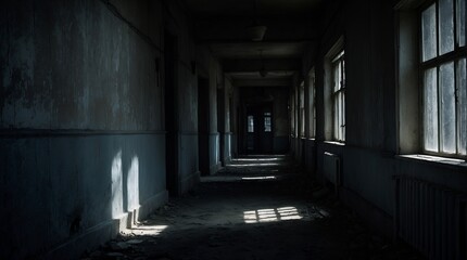 A hauntingly ominous corridor, every inch exuding a sense of dread and mystery: shadows dancing in the dim light