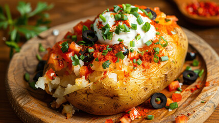 
Turkish kumpir food loaded baked potato with colorful toppings including sour cream and chives on wooden board