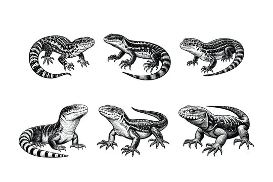 set of lizards illustration. hand drawn black and white lizard line art illustration, isolated white background