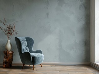 A blue chair sits in front of a window in a room with a grey wall