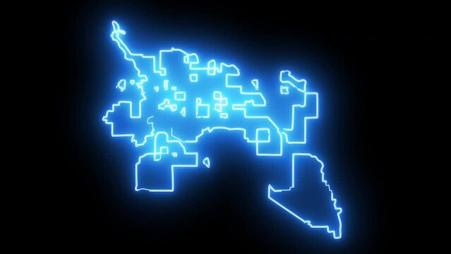 map of Tucson in Arizona with a blue glowing neon effect