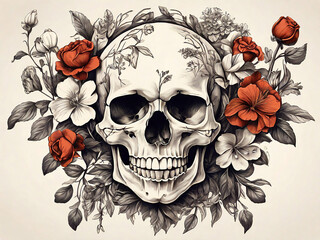 A skull with flowers and a skull is drawn in a picture of flowers