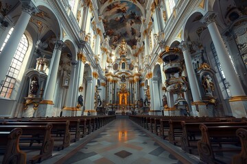 Obraz premium Wideangle view of a stunning baroque cathedral interior, showcasing ornate gold details and ceiling frescoes