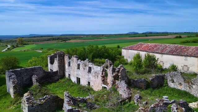 Ruins of the abandoned town of Lorilla in the P&aacute;ramos region. Aerial view from a drone. Burgos. Spain. Europe