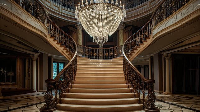 A grand double staircase with a large crystal chandelier hanging above