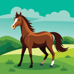 A brown horse stands on a hill against a background of forest and sky
