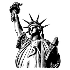 Obraz premium Statue of Liberty holding a torch and tablet, symbolizing freedom sketch engraving generative ai fictional character PNG illustration. Scratch board imitation. Black and white image.