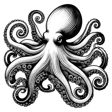 recommend clip art: octopus sea animal food with swirling tentacles and suction cups, in a classic engraving style sketch engraving generative ai PNG illustration. Scratch board imitation. Black and white image.