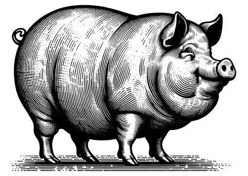 recommend clip art: Fat pig in a vintage engraving style, with detailed shading and textures sketch engraving generative ai fictional character PNG illustration. Scratch board imitation. Black and white image.