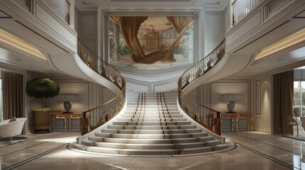 Obraz premium A grand staircase with a custom-designed, oversized art installation as the focal point