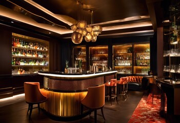 luxurious cocktail lounge showcasing exclusive drink creations, upscale, elegant, sophisticated, classy, fancy, posh, bar, premium, lavish, chic, swanky, stylish, designer