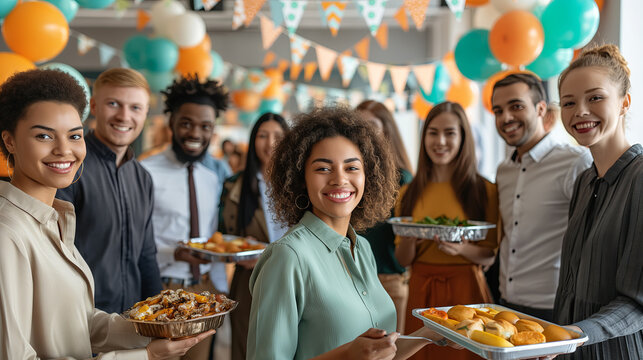 Diverse Group of People Enjoying a Friendly Office Potluck Party