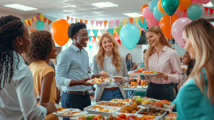 Joyful Multicultural Friends Enjoying a Birthday Party with Balloons and Buffet