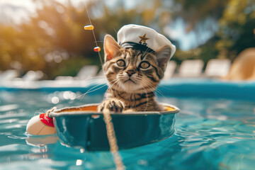 A cat wearing a sailors hat sits in a pool, enjoying a summer day in a relaxed and funny manner.