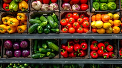 Fresh vegetables neatly arranged in market crates. Assorted produce, colorful vegetables, grocery display, healthy eating concept