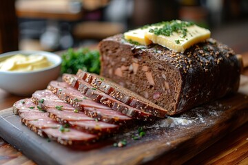 Pumpernickel - Dark, dense rye bread with a side of butter and ham.