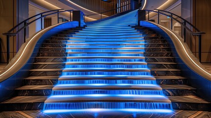 A grand staircase with a series of steps that mimic the flow of a gentle river, complete with embedded blue LED lighting