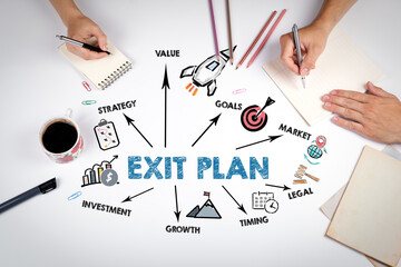 EXIT PLAN Concept. The meeting at the white office table