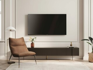 A living room with a brown chair and a black television. A vase with flowers sits on a table