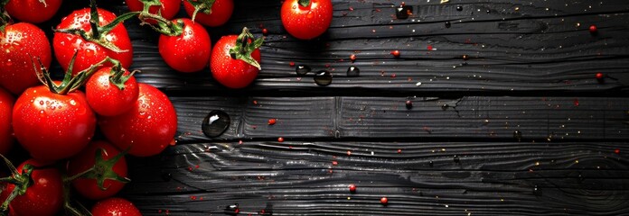 Red ripe tomatoes with stems on rustic wooden background. Fresh tomatoes, organic vegetables, healthy food, nature concept. Banner. Copy space - Powered by Adobe