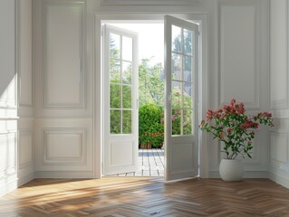 A large open door with a window in it. The room is empty and has a lot of natural light coming in