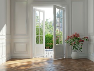 Fototapeta premium A large open door with a window in it. The room is empty and has a lot of natural light coming in