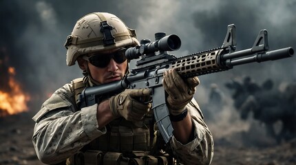 Fototapeta premium A close up of a person holding a rifle. Suitable for military or hunting themes, ai generative