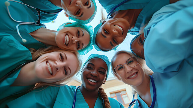 A group of smiling multiracial medical professionals in a circle, captured from a bottom-up angle, showcasing diversity and teamwork in healthcare