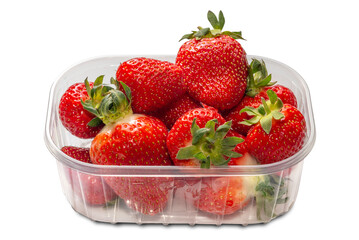 Red ripe strawberries in plastic tray for sale isolated