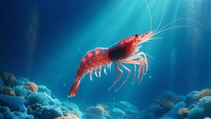 Underwater scene featuring shrimp swimming amidst the tranquil blue marine environment

