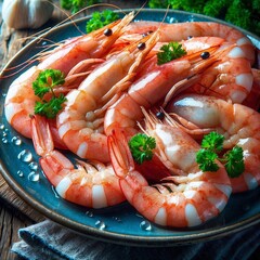 Assortment of cooked shrimps served on white plate