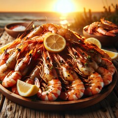 Assortment of cooked shrimps grilled to golden brown hue with fresh slices of lemon