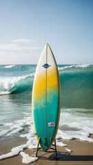 Classic sleek surf board on the sandy beach with ocean waves on the background