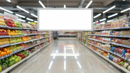 Flat lay mockup with blank white screen hanging in a supermarket or department store. Layout ready for branding or advertising