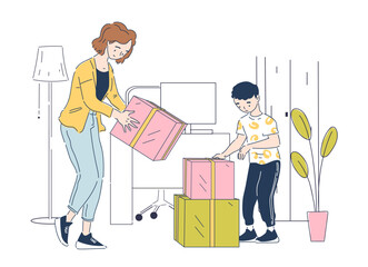 Receiving and unpacking gifts. Mom and son unpacking large boxes of ribbons. They have received holiday gifts or delivery of ordered items. Linea art style flat vector illustration on white background
